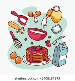 pancakes illustration. Cartoon pancakes. Stacks of tasty pancakes with maple syrup, butter, chocolate syrup, fruits and jam. Delicious breakfast food. vector illustrations.