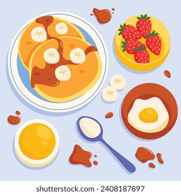 pancakes illustration. Cartoon pancakes. Stacks of tasty pancakes with maple syrup, butter, chocolate syrup, fruits and jam. Delicious breakfast food. vector illustrations.