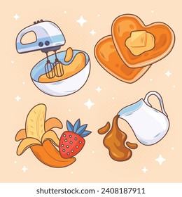 pancakes illustration. Cartoon pancakes. Stacks of tasty pancakes with maple syrup, butter, chocolate syrup, fruits and jam. Delicious breakfast food. vector illustrations.