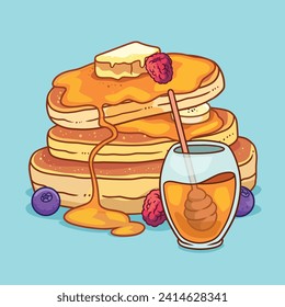 pancakes illustration. Cartoon pancakes. Stacks of tasty pancakes with maple syrup, butter, chocolate syrup, fruits and jam. Delicious breakfast food. vector illustrations.