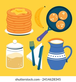 pancakes illustration. Cartoon pancakes. Stacks of tasty pancakes with maple syrup, butter, chocolate syrup, fruits and jam. Delicious breakfast food. vector illustrations.