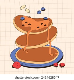 pancakes illustration. Cartoon pancakes. Stacks of tasty pancakes with maple syrup, butter, chocolate syrup, fruits and jam. Delicious breakfast food. vector illustrations.