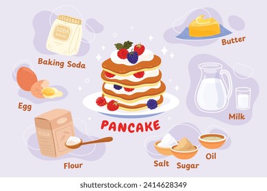 pancakes illustration. Cartoon pancakes. Stacks of tasty pancakes with maple syrup, butter, chocolate syrup, fruits and jam. Delicious breakfast food. vector illustrations.