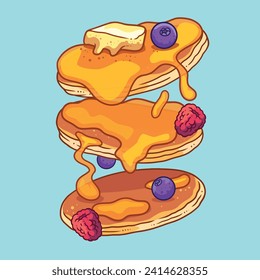 Pfannkuchen-Illustration. Cartoon-Pfannkuchen. Säcke von leckeren Pfannkuchen mit Ahornsirup, Butter, Schokoladensirup, Früchten und Marmelade. Köstliches Frühstücksbuffet. Vektorgrafiken.