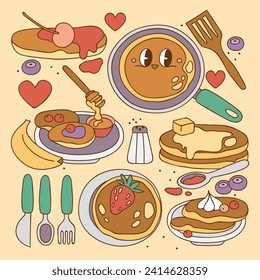 pancakes illustration. Cartoon pancakes. Stacks of tasty pancakes with maple syrup, butter, chocolate syrup, fruits and jam. Delicious breakfast food. vector illustrations.