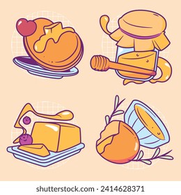 pancakes illustration. Cartoon pancakes. Stacks of tasty pancakes with maple syrup, butter, chocolate syrup, fruits and jam. Delicious breakfast food. vector illustrations.