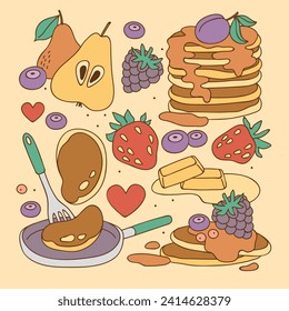 pancakes illustration. Cartoon pancakes. Stacks of tasty pancakes with maple syrup, butter, chocolate syrup, fruits and jam. Delicious breakfast food. vector illustrations.