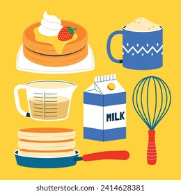 pancakes illustration. Cartoon pancakes. Stacks of tasty pancakes with maple syrup, butter, chocolate syrup, fruits and jam. Delicious breakfast food. vector illustrations. svg