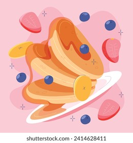 pancakes illustration. Cartoon pancakes. Stacks of tasty pancakes with maple syrup, butter, chocolate syrup, fruits and jam. Delicious breakfast food. vector illustrations.
