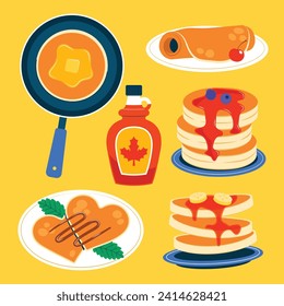 pancakes illustration. Cartoon pancakes. Stacks of tasty pancakes with maple syrup, butter, chocolate syrup, fruits and jam. Delicious breakfast food. vector illustrations.