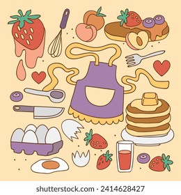 pancakes illustration. Cartoon pancakes. Stacks of tasty pancakes with maple syrup, butter, chocolate syrup, fruits and jam. Delicious breakfast food. vector illustrations.