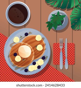 pancakes illustration. Cartoon pancakes. Stacks of tasty pancakes with maple syrup, butter, chocolate syrup, fruits and jam. Delicious breakfast food. vector illustrations.