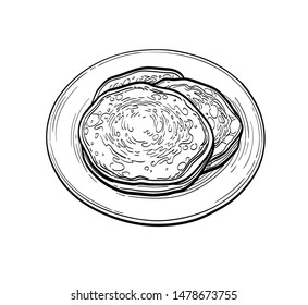 Pancakes. Ink sketch isolated on white background. Hand drawn vector illustration. Retro style.