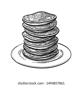 Pancakes. Ink sketch isolated on white background. Hand drawn vector illustration. Retro style.