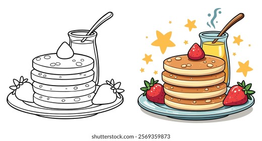 Pancakes and juice Line Art Vector Illustration Black and White with Coloring Sample. Bold and Easy Food and Snacks Coloring Pages for Adults and Kids.