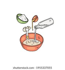 Pancakes liquid dough preparing, hand drawn sketch vector illustration isolated.