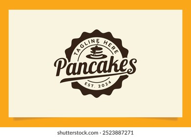 Logotipo de panqueques en forma de emblema con una pila de panqueques y hermosas letras. Es bueno para la cafetería, restaurante, camión de comida, etc.