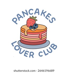 Pancakes Lover Club Logo, Cute Breakfast Food Illustration, Colorful Pancake Stack with Berries and Strawberry Sweet Treat Vector Art.