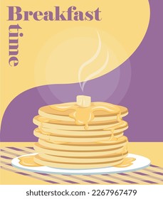 Pancakes with maple syrup and butter vector poster. Food illustration. Dessert postcard
