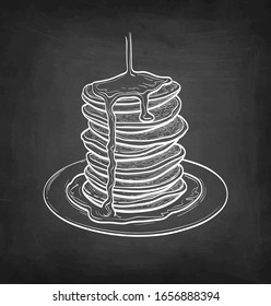 Pancakes with maple syrup. Chalk sketch on blackboard background. Hand drawn vector illustration. Retro style.