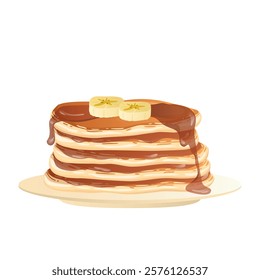 Pancakes with maple syrup in flat design. Morning pastry with banana slices. Vector illustration isolated.