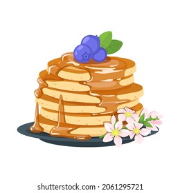 Pancakes with maple syrup, flowers, and blueberry. Vector cartoon style illustration.