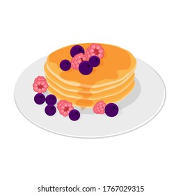 Pancakes with maple syrup and fresh berries isolated on a white background. Pancake street food, takeaway, breakfast, fast food. Hand drawn vector illustration. Graphic design clip art for web, print.