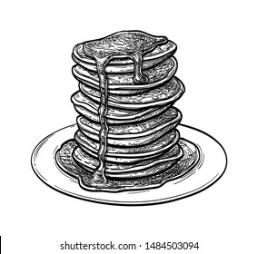 Pancakes with maple syrup. Ink sketch isolated on white background. Hand drawn vector illustration. Retro style.