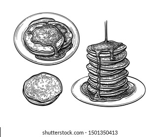 Pancakes with maple syrup. Ink sketch set isolated on white background. Hand drawn vector illustration. Retro style.