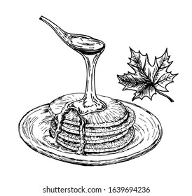 Pancakes with maple syrup. Pancakes on the plate sketch, breakfast.Vintage hand drawn drawing style.