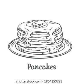 Pancakes with maple syrup outline vector illustration. Drawn baking crepes with butter on plate. Breakfast concept.