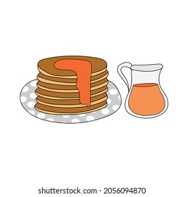 Pancakes with maple syrup, simple hand drawn vector illustration on white