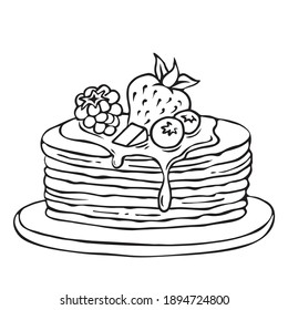 Pancakes with maple syrup and a slice of butter, strawberries and raspberries on the plate doodle outline. Black and white pancakes isolated vector illustration. 
Traditional Russian Crepes Blini.