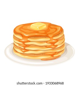 Pancakes with maple syrup vector illustration. Baking crepes with butter on plate. Breakfast concept.