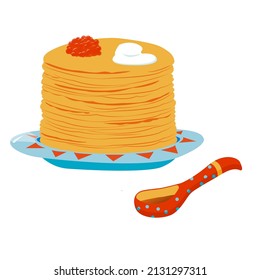 Pancakes for Maslenitsa. Color vector illustration. Pancakes with red caviar and sour cream on a porcelain plate and a wooden painted spoon
