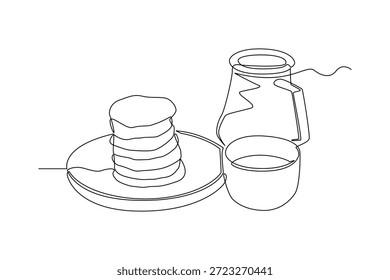 Panqueques y leche servidos para el desayuno. Concepto de la hora del desayuno. Diseño de dibujo de línea única. Ilustración gráfica de Vector