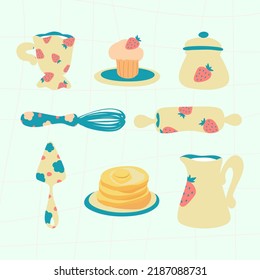 Pancakes, Muffin Bakery Vector Elements. Teapot, Kitchenware Tools, Cup, Jar, Milk. Village Style. Old Fashioned Cook Book Design.