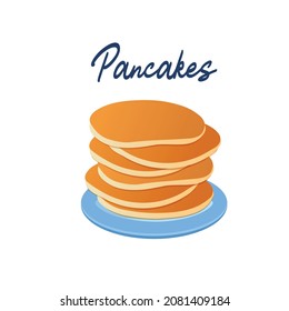 Pancakes on a blue plate on a white background with an inscription