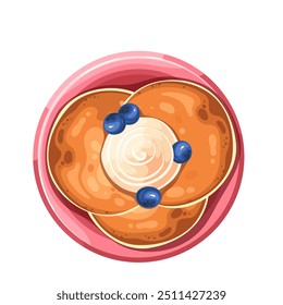 Panqueques en un plato de dibujos animados con crema y arándano, vista superior. Ración de postre con remolino de salsa dulce y bayas para el desayuno. Mascota de la comida de la mañana, Ilustración vectorial de pila de panqueques gourmet de dibujos animados