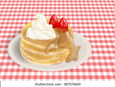pancakes on a checkered tablecloth