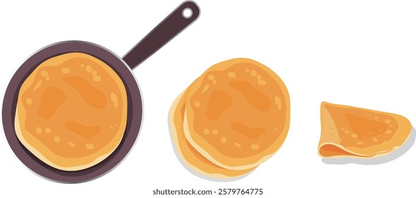 pancakes on a frying pan on a white background.top view