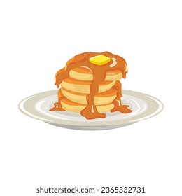 Pfannkuchen auf grauem Teller mit Ahornsirup, Vektorgrafik. Köstliche Kuchennahrung einzeln auf weißem Hintergrund