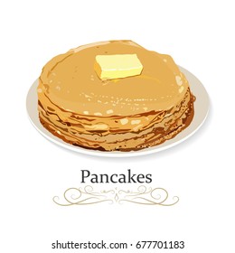 Pancakes on plate with butter, breakfast food menu item tasty homestyle realistic top side view image vector illustration.