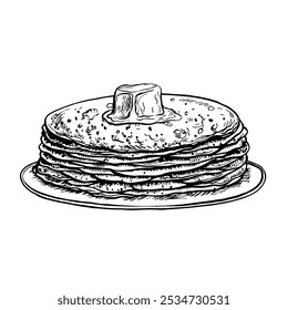 Panqueques en un plato con mantequilla. Dibujo gráfico Vector de panqueques. Ilustración dibujada a mano en blanco y negro. Sobre un fondo blanco. Para menús, carteles o etiquetas, para recetas de cocina e invitaciones.