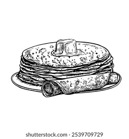 Panqueques en un plato con mantequilla. Dibujo gráfico de Vector. Ilustración de comida dibujada a mano en blanco y negro. Sobre un fondo blanco. Ideal para menús, carteles o etiquetas, o recetas de cocina e invitaciones