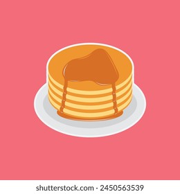 Pancakes on plate with caramel and maple syrup sweet vector illustration. Tasty holiday cake food isolated on white