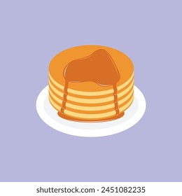 Pancakes on plate with caramel and maple syrup sweet vector illustration. Tasty holiday cake food isolated on white