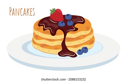 Pancakes on a plate with chocolate topping, strawberry and blueberries. Traditional American breakfast concept vector illustration