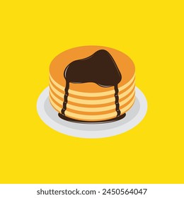 Pancakes on plate with cream and chocolate syrup sweet vector illustration. Tasty holiday cake food isolated on white