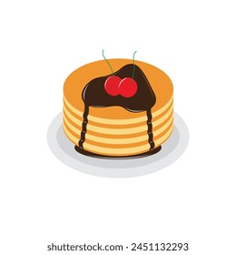 Pancakes on plate with cream and chocolate syrup sweet vector illustration. Tasty holiday cake food isolated on white